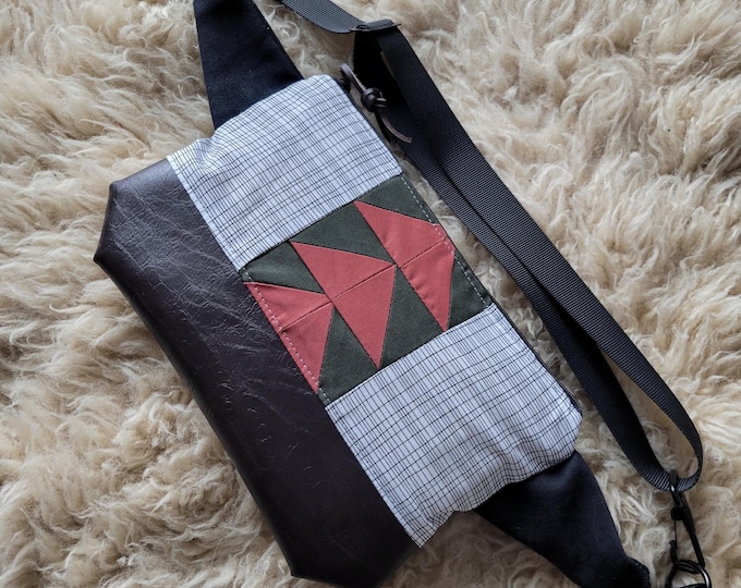 Sling bag/Patchwork front(coral and dark green)/black canvas back/Black zipper/Black nylon adjustable & detachable strap