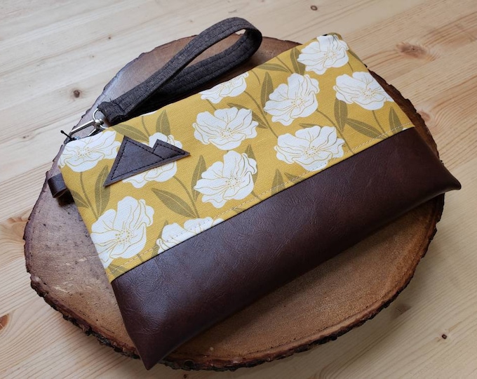 Wristlet Grab & Go Clutch/Golden floral print front and back/Black zipper/Montana or Mountain patch