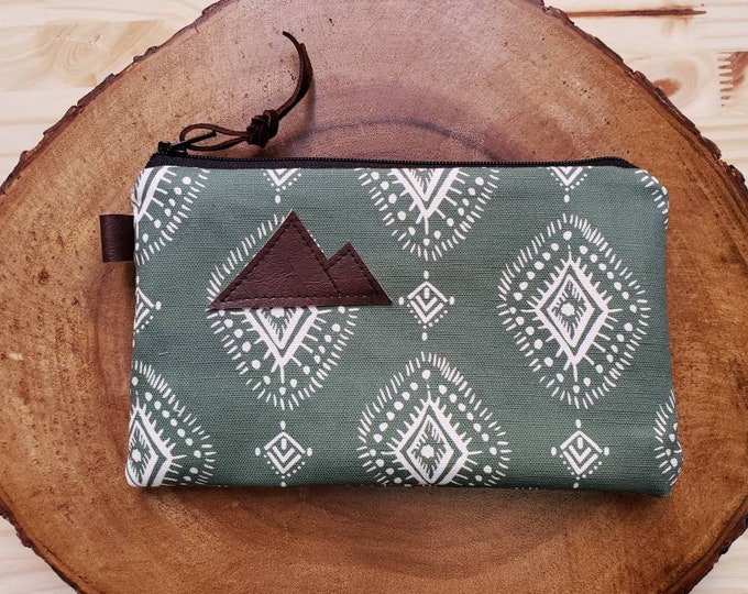 Sage Henna pouch/3 size options/printed front and back/Natural canvas liner/Black zipper/Mountain or Montana patch/Vegan leather details