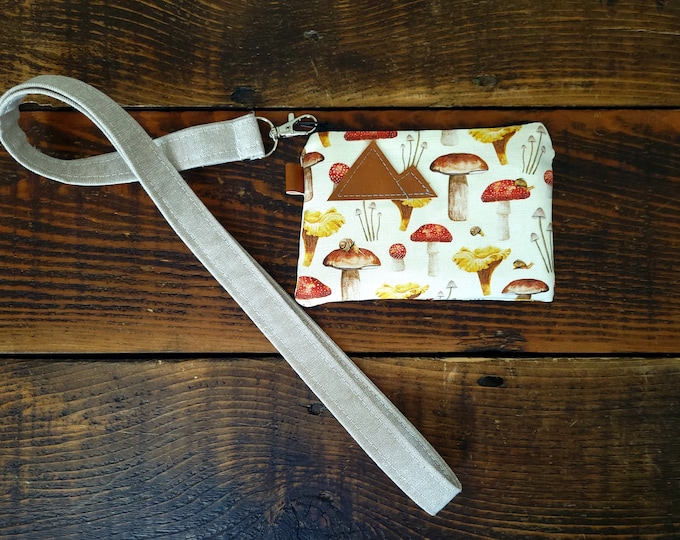 LANYARD with MUSHROOM print card pouch / OAT color linen lanyard strap / Available in 2 lengths / work purse / concert purse