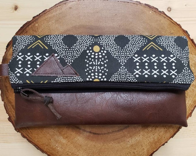 Foldover clutch/Mud cloth print/Black canvas reverse/Black zipper/Montana or Mountain patch