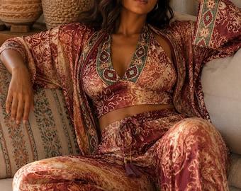 Completo boho a tre pezzi da donna: kimono, top all'americana senza schienale e pantaloni palazzo. Completo estivo bohémien, outfit da festival e look da spiaggia.
