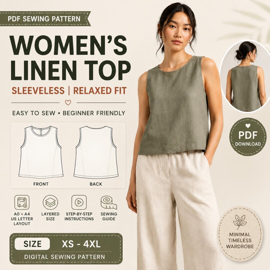 Pattern Relaxed Women's Linen Tank Top Sewing Pattern | Relaxed Fit Sleeveless (digital ...
