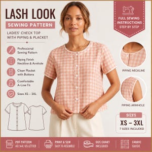 May include: A woman models a pink and white checkered top from a sewing pattern. The pattern, titled "Lash Look," includes instructions for a ladies' check top with piping and placket. The pattern offers sizes XS-3XL and includes a fabric guide.