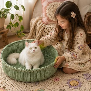 May include: A round, sage green crocheted pet bed with a thick, textured wall and a flat base. The bed is constructed from yarn in a consistent stitch pattern, providing a circular enclosure for a pet to rest inside.