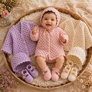 Könnte beinhalten: Ein Baby in einer rosa gehäkelten Strickjacke und Haube mit passenden Schühchen, umgeben von einer lavendelfarbenen gehäkelten Strickjacke mit Haube und Schühchen sowie einer cremefarbenen gehäkelten Strickjacke mit Haube und Schühchen im Korb.