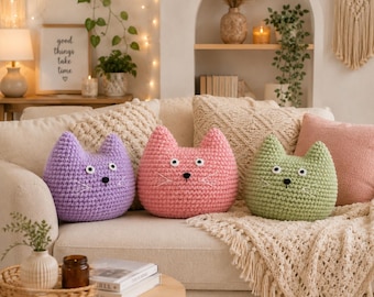 Crochet Cat Pillow Pattern PDF | Cute Cat Cushion Crochet Tutorial | Amigurumi Home Decor | Instant Digital Download
