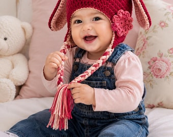 Sweet Bunny Hat Crochet Pattern – Adorable Earflap Beanie with Bunny Ears & Flower Accent (Sizes Small to XL)