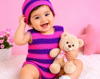 Baby Playsuit & Hat Crochet Pattern PDF | Baby Outfit Crochet Tutorial | Newborn to 12 Months | Instant Download