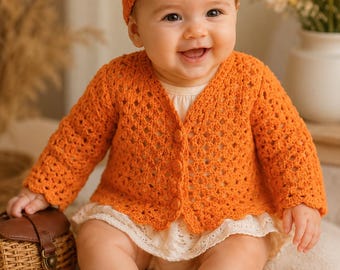 Lacy Baby Cardigan, Bonnet & Booties Crochet Pattern Set | Sizes 6–12 Months