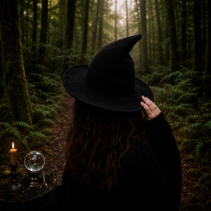 Könnte beinhalten: Ein schwarzer Hexenhut mit spitzer Krone und breiter Krempe. Der Hut wird von einer Person in einem dunklen Wald getragen. Eine brennende Kerze und eine Kristallkugel stehen auf einer Holzoberfläche.