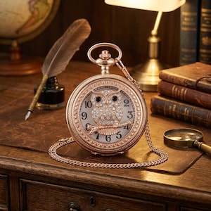 May include: A rose gold pocket watch featuring a central owl motif encrusted with clear crystals and two black stone eyes. The watch face has black Arabic numerals, a textured outer rim, and a matching rose gold chain attached to the top loop.