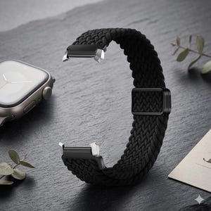 May include: A black braided watch band with a black metal clasp and connectors. The band is shown on a dark gray surface next to a silver smartwatch. The band is designed to fit a smartwatch.