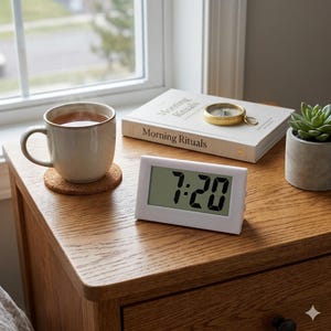 May include: A white digital alarm clock displaying 7:20 sits on a wooden nightstand. A mug of tea rests on a coaster, next to a book titled "Morning Rituals" and a small succulent in a concrete pot.