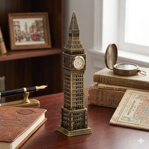Pode incluir: Uma réplica em bronze da torre do relógio Big Ben com um mostrador. A torre em miniatura apresenta detalhes arquitetônicos intrincados e está em uma mesa com livros, uma caneta e um mapa. O mostrador tem algarismos romanos pretos.