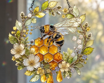 Honey Bee  Stained Glass Suncatcher, Floral Window Hanging, Garden Decor Gift for Bee Lover Mom Grandma Her