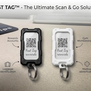 May include: Two Fast Tag rewards keychains, one black and one white, with a QR code and the text "Fast Tag rewards." The keychains are shown with icons for rewards accounts, luggage identification, gym memberships, and medical identification.