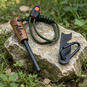 Könnte beinhalten: Ein Feuerstarter-Set mit einem Holzgriff mit der Gravur "Alex", einem schwarzen Metallzünder und einem schwarzen Multitool mit Karabinerhaken. Das Set enthält ein grünes Paracord-Lanyard und liegt auf einem Stein.