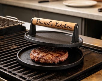 Personalized Cast Iron Burger Press, Custom Engraved Smash Burger Smasher, Wooden Handle Grill Accessory, Dad BBQ Gift, Housewarming Gift