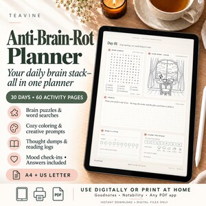 Brain Stack Planner | 30 Day Screen Free Activity Journal | Printable and Digital use | Puzzles Coloring | A4 and US Letter
