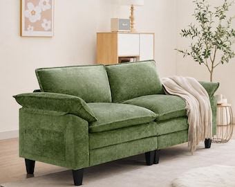 Green Chenille Cloud Loveseat Sofa | Modern Deep Seat Couch with Double Cushions