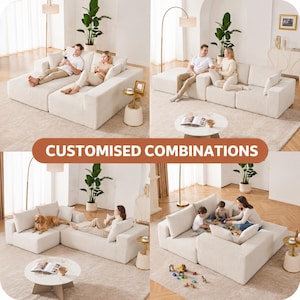 May include: A modular cream-colored sofa in various configurations. The image shows different arrangements, including a chaise lounge, a sectional, and a sofa with an ottoman. The text "CUSTOMISED COMBINATIONS" is displayed across the bottom of the image.