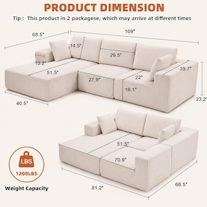 May include: A modular, cream-colored sectional sofa with corduroy fabric. Dimensions are provided, including a 109-inch length and 68.5-inch depth. The sofa has multiple cushions and a weight capacity of 1200 lbs. Text on the image reads "PRODUCT DIMENSION".