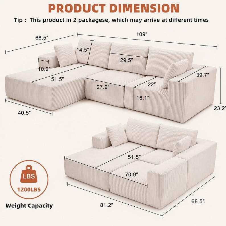 May include: A modular, cream-colored sectional sofa with corduroy fabric. Dimensions are provided, including a 109-inch length and 68.5-inch depth. The sofa has multiple cushions and a weight capacity of 1200 lbs. Text on the image reads "PRODUCT DIMENSION".
