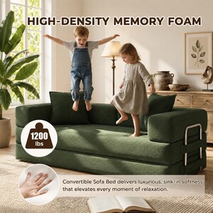 May include: A green convertible sofa bed with two children jumping on it. The sofa has a corduroy texture and a weight capacity of 1200 lbs. The text reads "HIGH-DENSITY MEMORY FOAM" and "Convertible Sofa Bed delivers luxurious, sink-in softness that elevates every moment of relaxation."