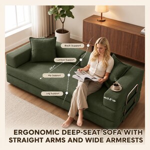 May include: A deep-seat green sofa with straight arms and wide armrests. The sofa has a 29.1-inch seat depth and a 9.8-inch armrest width. The text at the bottom reads: "ERGONOMIC DEEP-SEAT SOFA WITH STRAIGHT ARMS AND WIDE ARMRESTS."