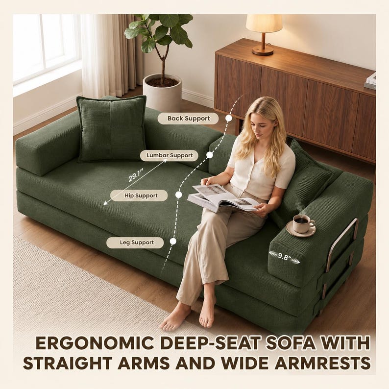 May include: A deep-seat green sofa with straight arms and wide armrests. The sofa has a 29.1-inch seat depth and a 9.8-inch armrest width. The text at the bottom reads: "ERGONOMIC DEEP-SEAT SOFA WITH STRAIGHT ARMS AND WIDE ARMRESTS."