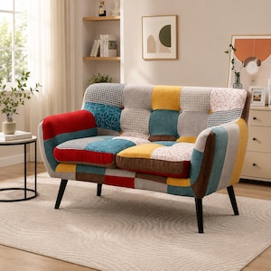 Patchwork Boho Loveseat Sofa | Modern 2-Seat Upholstered Couch, Wood Legs