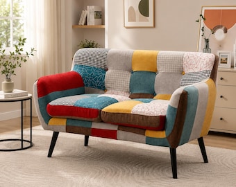 Sofá de dos plazas estilo bohemio con patchwork / Sofá moderno tapizado de 2 plazas con patas de madera