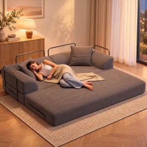 May include: A large, low-profile gray corduroy sectional sofa bed featuring a modular design with dark metal frame accents. The sofa includes two square throw pillows and a wide, flat seating area that extends into a spacious sleeping surface.