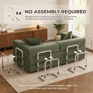 May include: A green modular sofa with four chrome support frames. The text reads "NO ASSEMBLY REQUIRED" and "Reinforced with 4-point structural support system for enhanced load-bearing capacity."