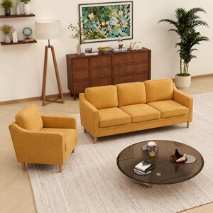 Yellow Chenille Sofa | Mid-Century Modern 3-Seater Couch, Solid Wood Legs