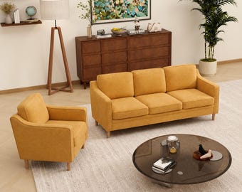 Sofá de chenilla amarillo / Sofá de 3 plazas de estilo moderno de mediados de siglo, patas de madera maciza