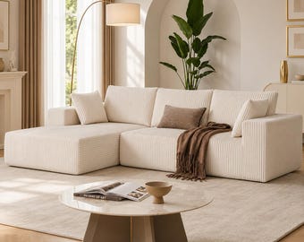 Sofá modular seccional de pana beige / Sofá esquinero Cloud, chaise longue a la izquierda.