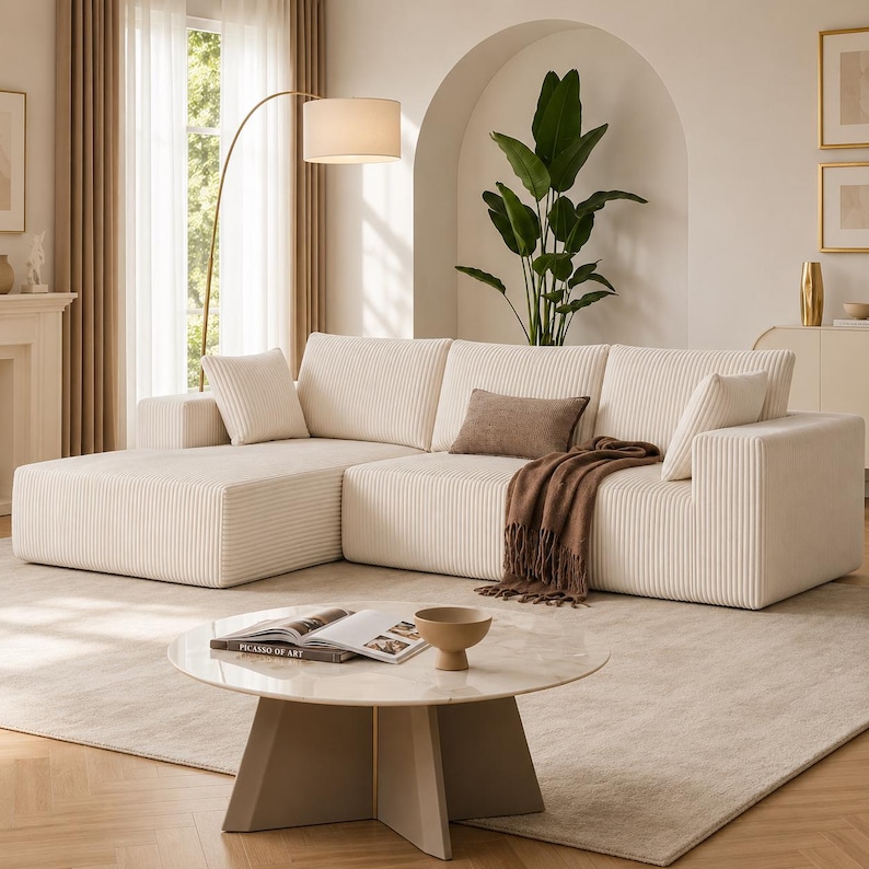 May include: A cream-colored sectional sofa with a corduroy texture, featuring a chaise lounge. A brown throw blanket and decorative pillows add warmth. A round coffee table with a marble top and a beige base sits in front of the sofa.