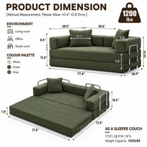 May include: Green convertible sofa with dimensions displayed. The sofa can be used as a sleeper couch. The product dimensions are 77.9"L 38.9"W 7.9"H. Weight capacity is 1200 lbs. The color palette includes white, green, and gray.