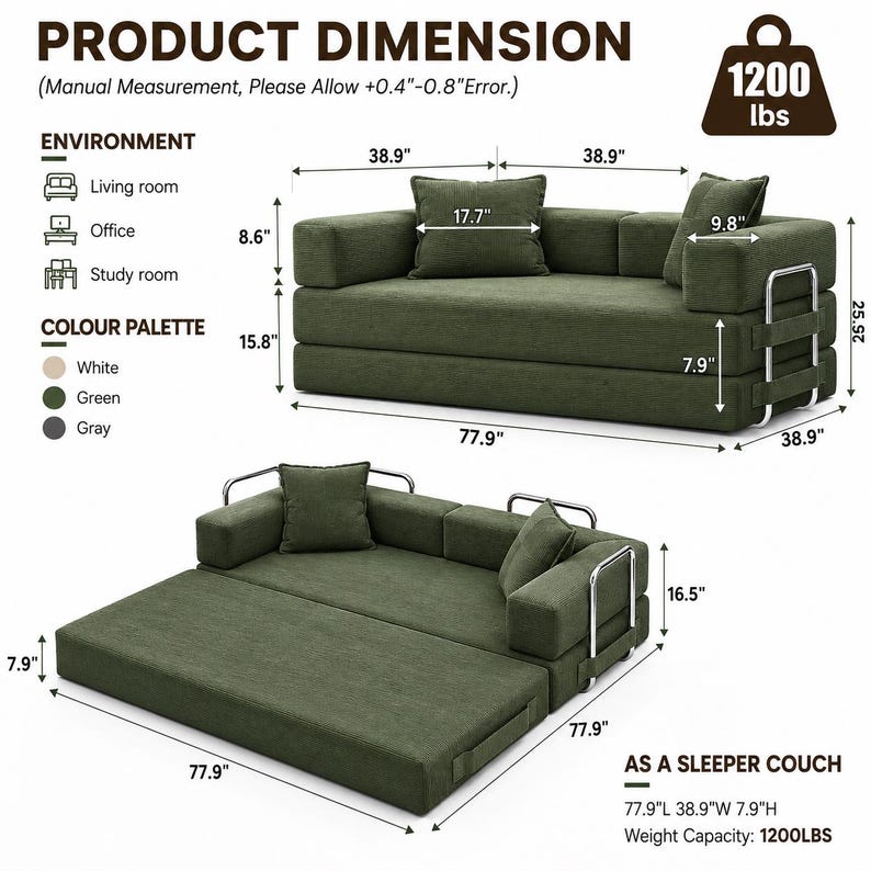 May include: Green convertible sofa with dimensions displayed. The sofa can be used as a sleeper couch. The product dimensions are 77.9"L 38.9"W 7.9"H. Weight capacity is 1200 lbs. The color palette includes white, green, and gray.