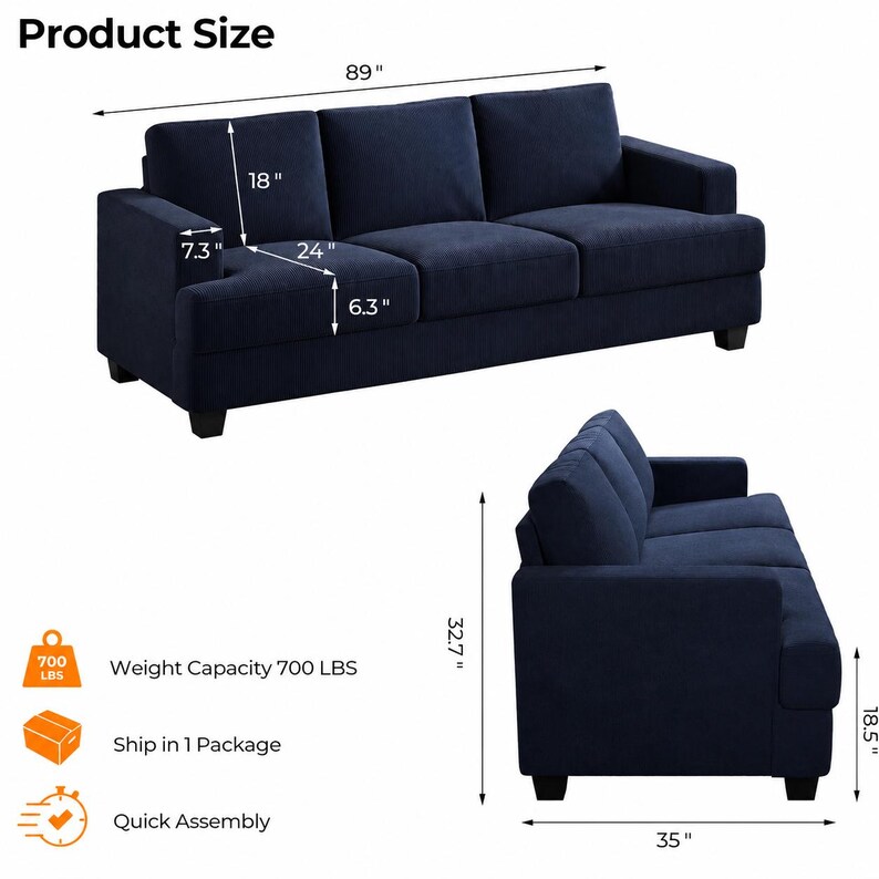 May include: A navy blue three-seater sofa with dimensions displayed. The sofa is 89 inches long, 32.7 inches high, and 35 inches deep. It has a weight capacity of 700 lbs. The image also shows the sofa's armrest and seat measurements.