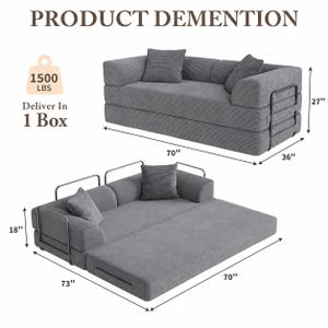 Puede incluir: Un sof&aacute; cama gris con dos almohadas, que se muestra en dos configuraciones. El sof&aacute; mide 178 cm de largo y 91 cm de ancho cuando est&aacute; plegado, y 185 cm de largo cuando est&aacute; desplegado. El texto dice "PRODUCT DEMENTION".