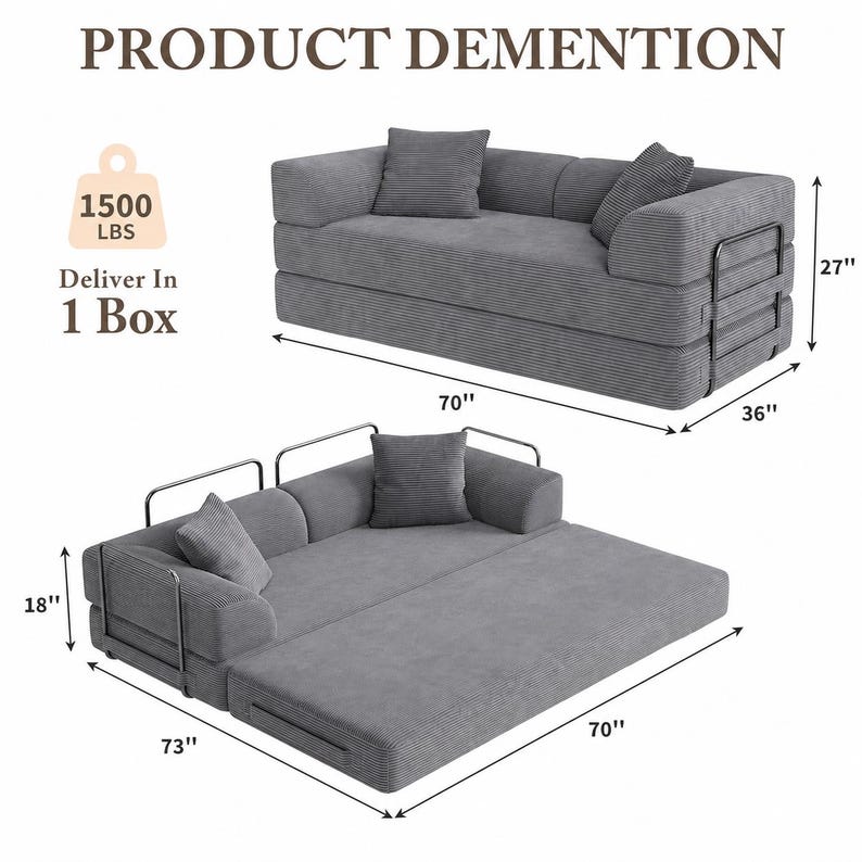 Puede incluir: Un sof&aacute; cama gris con dos almohadas, que se muestra en dos configuraciones. El sof&aacute; mide 178 cm de largo y 91 cm de ancho cuando est&aacute; plegado, y 185 cm de largo cuando est&aacute; desplegado. El texto dice "PRODUCT DEMENTION".