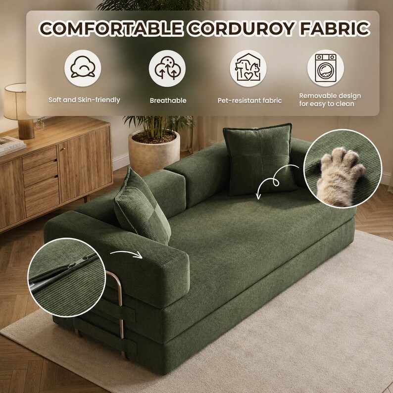 May include: Green corduroy sectional sofa with matching pillows. The sofa features a removable design for easy cleaning and is pet-resistant. The text in the image reads "COMFORTABLE CORDUROY FABRIC".