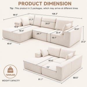 May include: A cream-colored modular sectional sofa with dimensions displayed in inches. The sofa has a corduroy texture and includes several throw pillows. The image also shows the weight capacity of 1200 lbs.