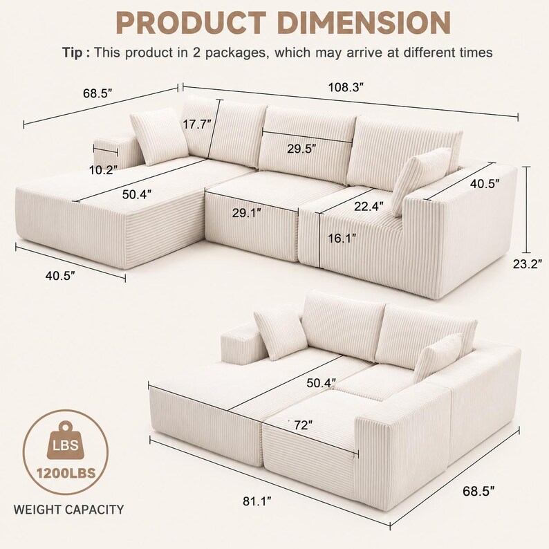 May include: A cream-colored modular sectional sofa with dimensions displayed in inches. The sofa has a corduroy texture and includes several throw pillows. The image also shows the weight capacity of 1200 lbs.