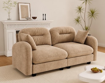 Camel Chenille Cloud Modular Loveseat Sofa | Deep Seat Sectional Couch with Pillows