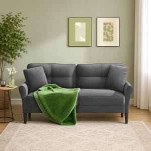 69” Grey Velvet Loveseat Sofa | Comfy Small Space Couch with 2 Pillows & Tool-Free Setup for Bedroom