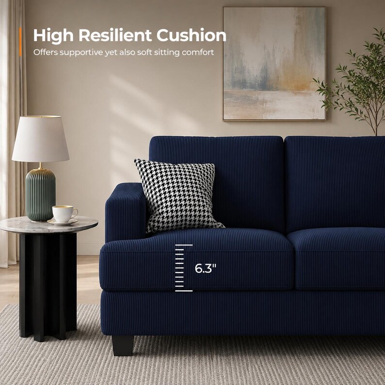May include: A navy blue corduroy sofa with a 6.3-inch height measurement. A black and white patterned pillow rests on the arm. The text "High Resilient Cushion" is visible.